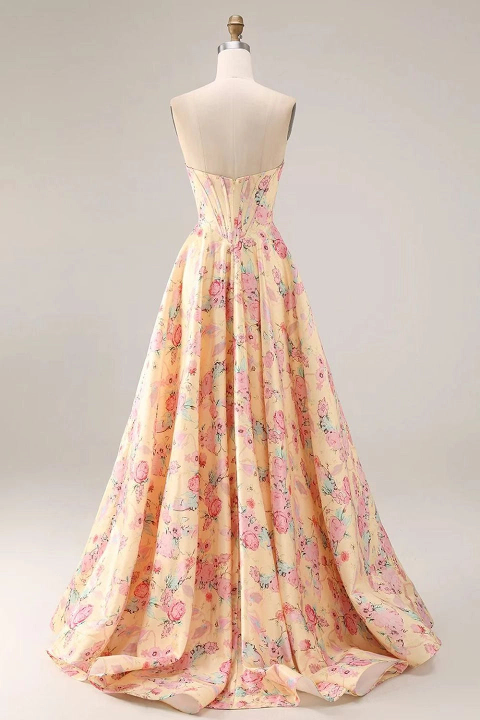 Romantic Floral A Line Strapless Sleeveless Open Back Long Prom Dress