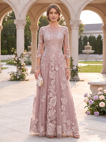 vedress blush pink a line floor length mother of the bride dress illusion round neck 3/4 lace sleeve floral applique gown