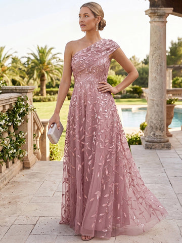 Vedress dusty pink sequin leaf one‑shoulder a‑line mother of the bride dress
