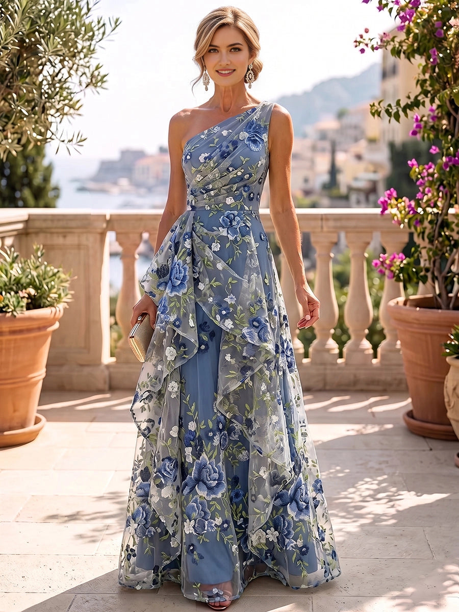 Vedress dusty blue tulle floral embroidery one‑shoulder mother of the bride dress
