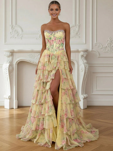 vedress yellow floral chiffon a‑line prom dress strapless beaded tiered ruffle gown with high slit