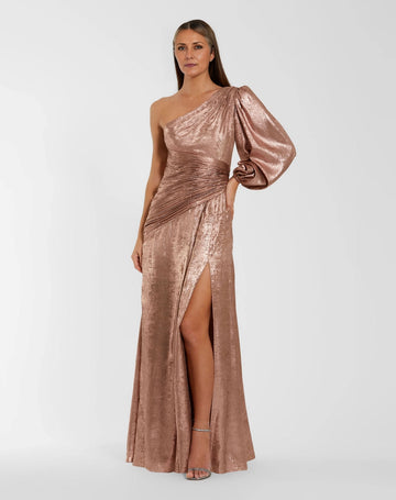 Vedress rose gold sheath mother of the bride dress one shoulder puff sleeve open back with front slit