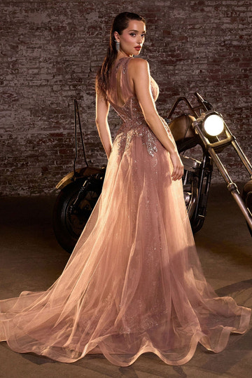 One-Shoulder Corset Bustier Glitter Tulle Gown with Sequin Floral Appliqué & High Slit Formal Evening Dress