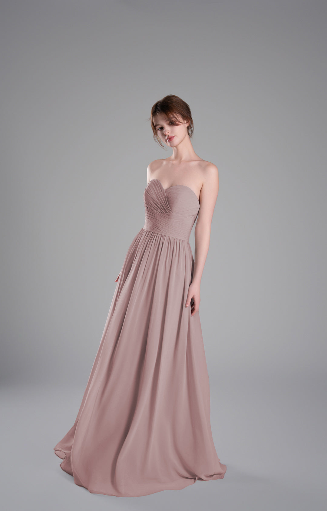 Elegante vestido de dama de honor de chifón sin tirantes, largo, corte A, fluido, para noche formal o fiesta de graduación