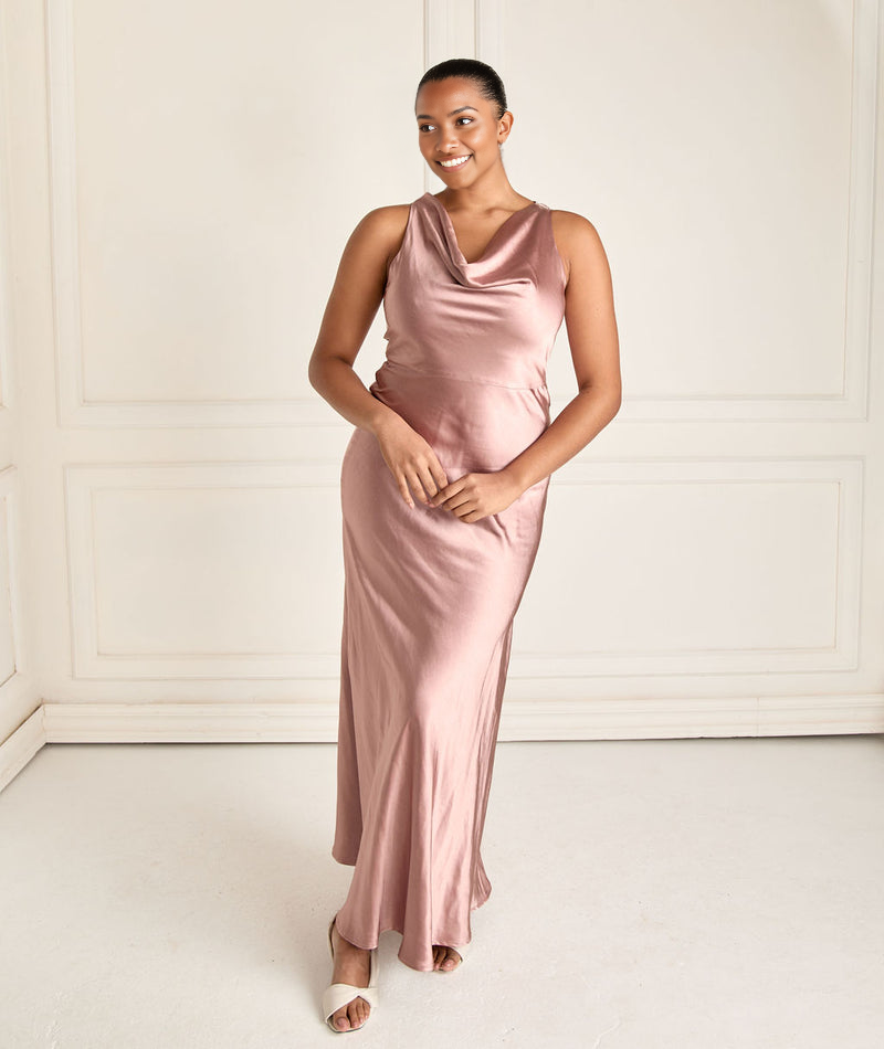 Women's Satin Formal Gown Cowl Neckline Sleeveless Satin Floor length Wedding Bridesmaid Dress
