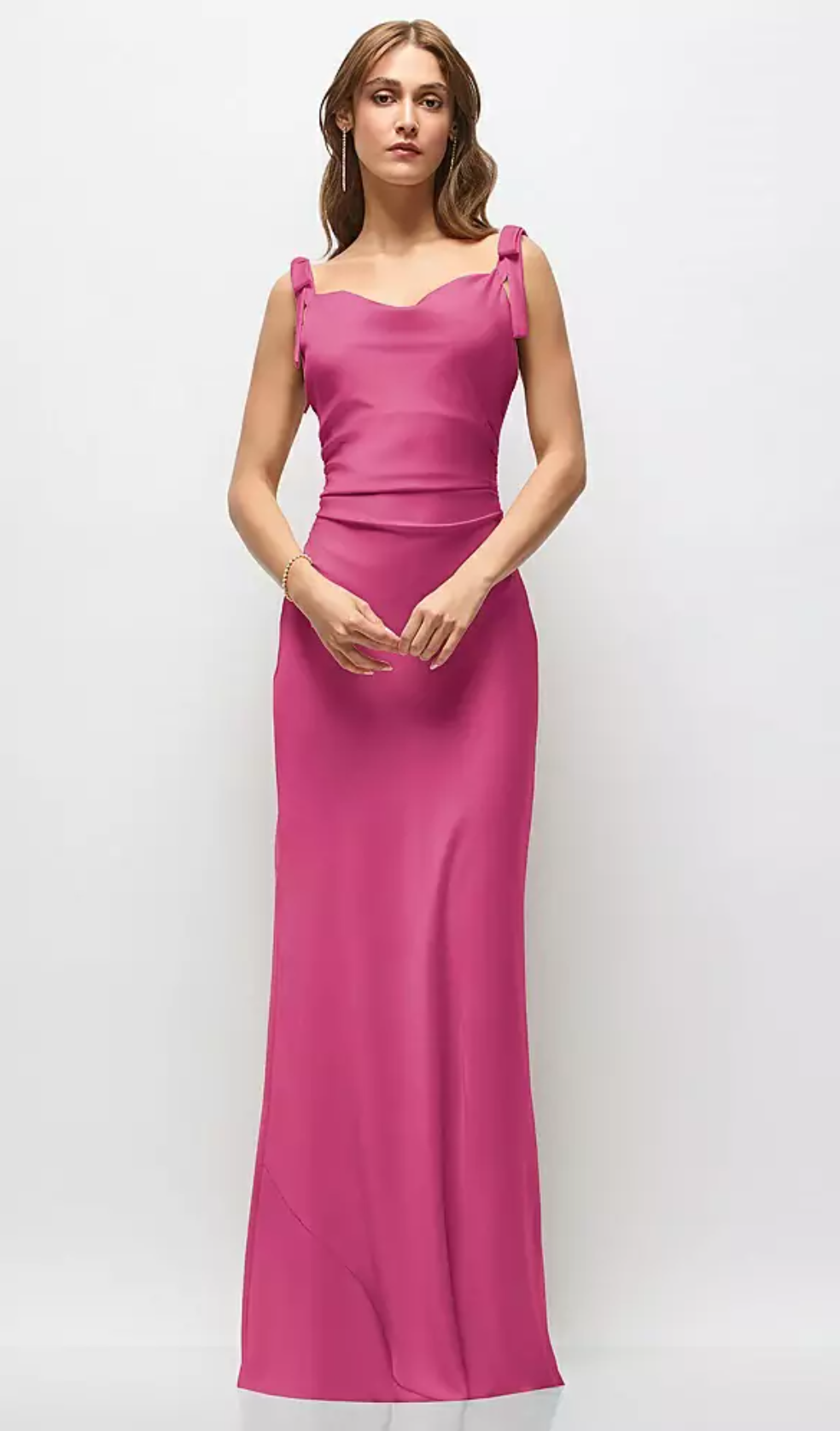 Women's Satin Cowl Neck Maxi Dress with Bow Shoulder Straps & Ruched Waist Formal Evening Gown Bridesmaid Dresses