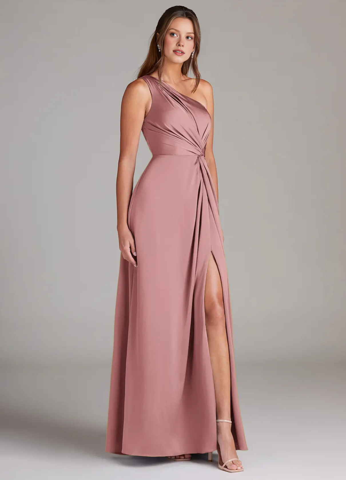 Elegant One-Shoulder Satin Evening Gown Party Wedding Guest Dresses with High Slit and Draped Waist Detail