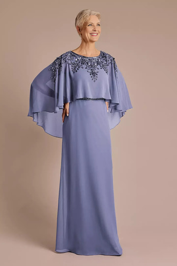 Elegant Round Neck Chiffon Mother of the Bride Dress Beaded Cape Evening Gown