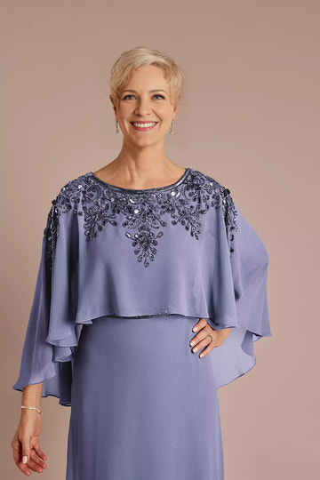 Elegant Round Neck Chiffon Mother of the Bride Dress Beaded Cape Evening Gown