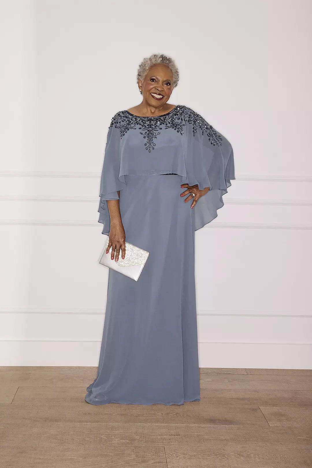 Elegant Round Neck Chiffon Mother of the Bride Dress Beaded Cape Evening Gown