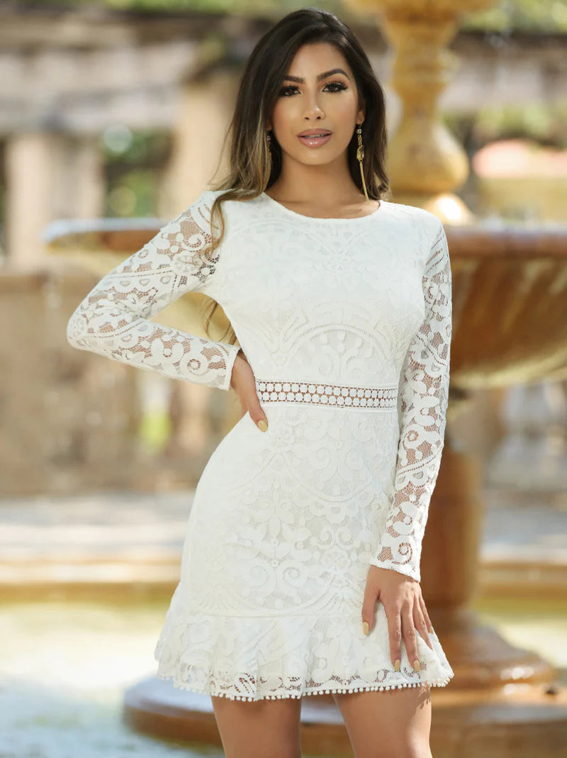 Elegant Fitted Round Neck Lace Mini Dress Backless Ruffle Party Cocktail Dress