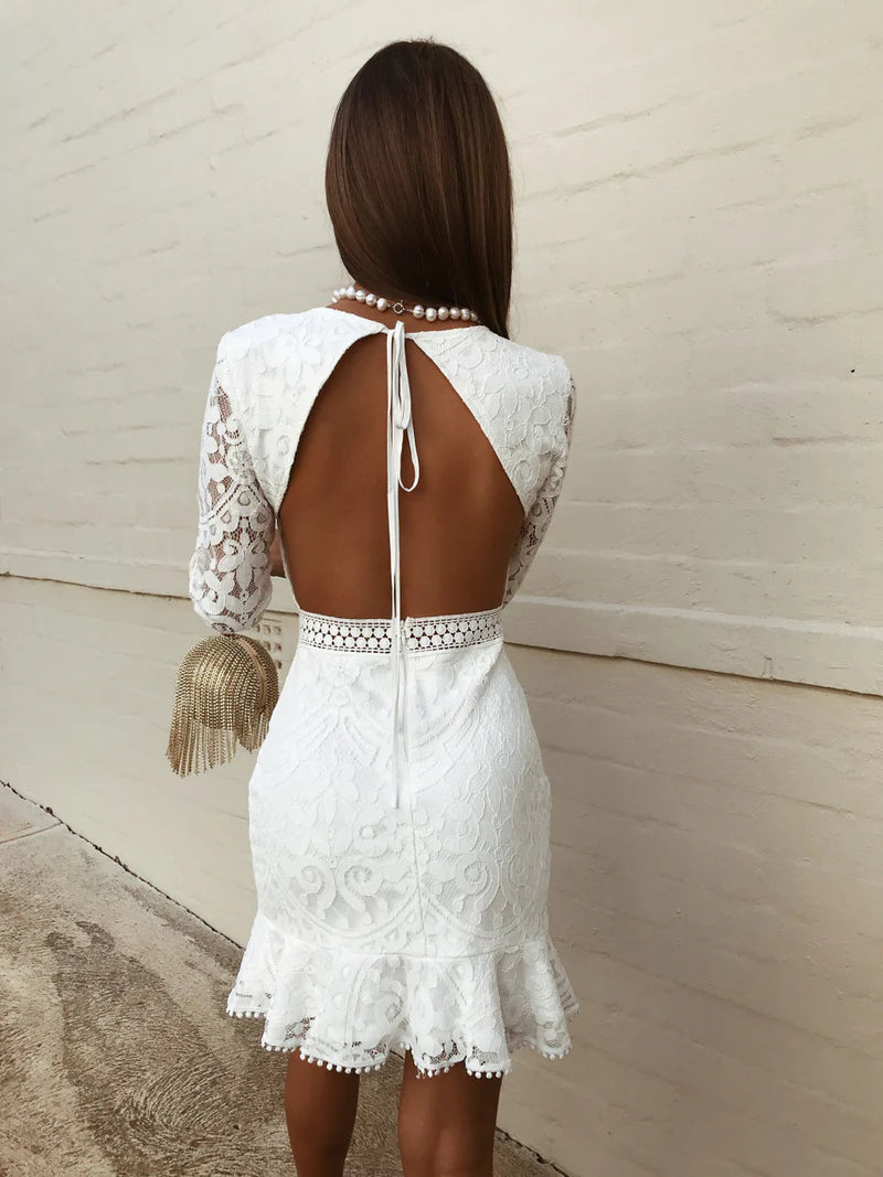 Elegant Fitted Round Neck Lace Mini Dress Backless Ruffle Party Cocktail Dress