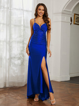 Rhinestone Embellished Spaghetti Strap Formal Gown V-Wire Neck High Slit Bodycon Maxi Dress for Prom and Pageants