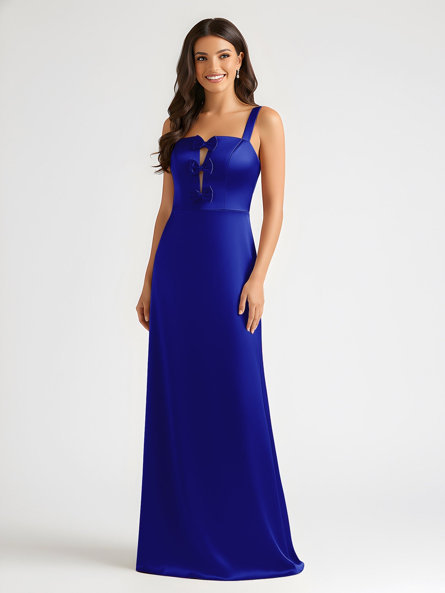 Vestidos de fiesta de graduación de satén, vestido largo formal, cuello cuadrado asimétrico con detalle de lazo, para invitadas de boda y ocasiones especiales