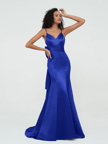 Vestido de noche formal de satén azul rey con tirantes finos, cuello en V, lazo en la cintura, corte sirena y cola, para bailes de graduación y eventos de gala