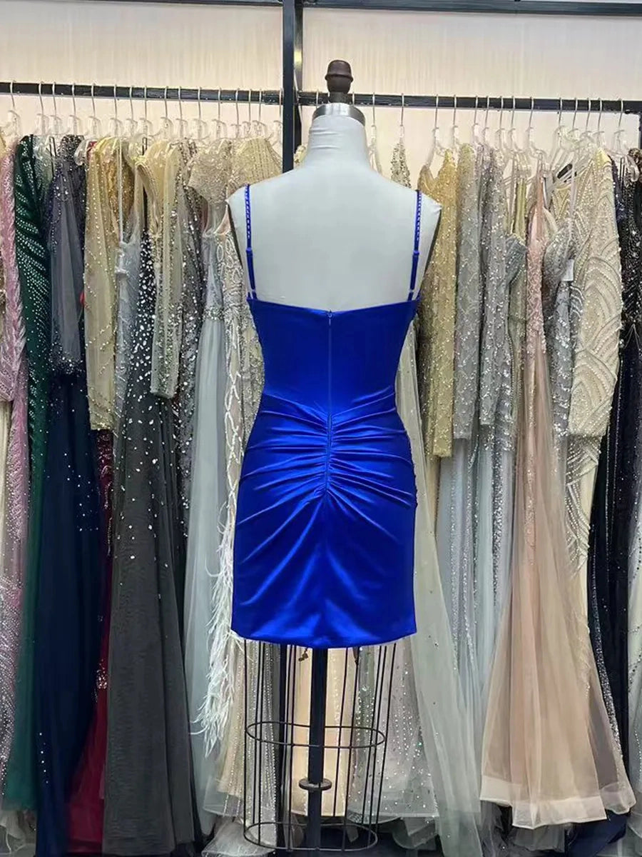 Ruched zip‑up back royal blue satin beaded mini homecoming gown