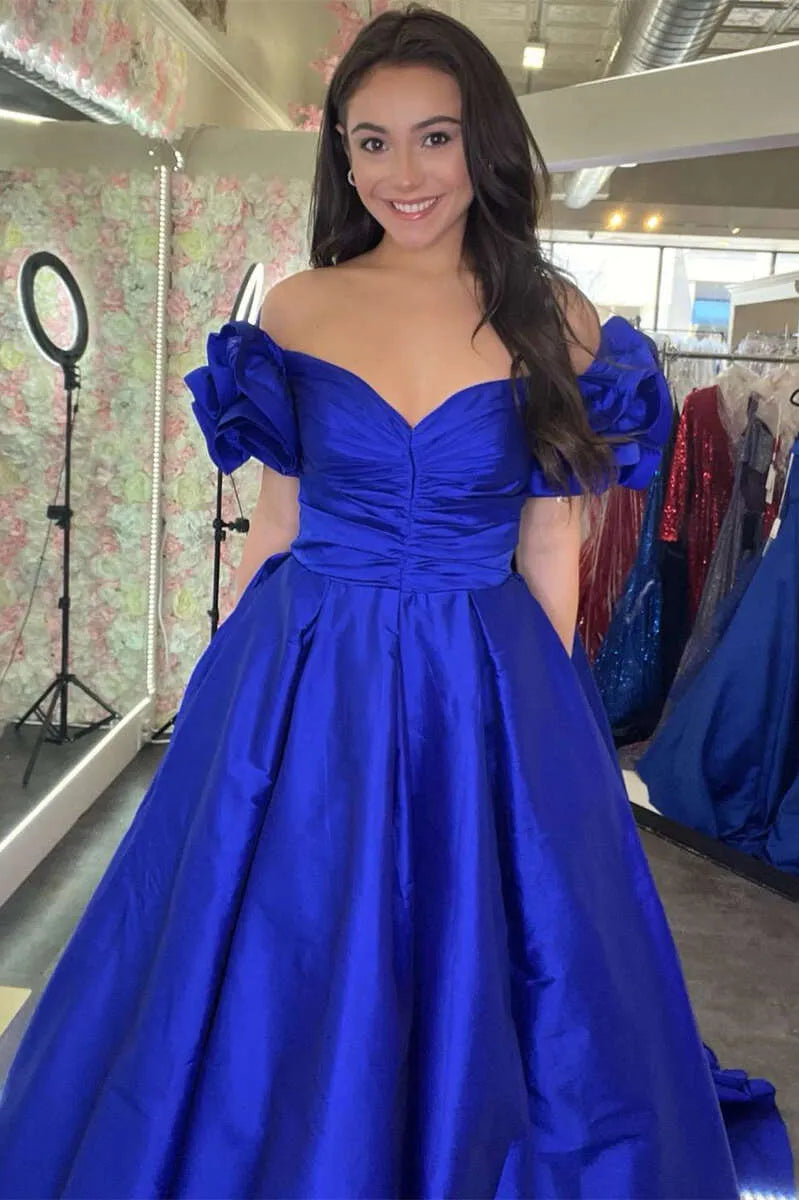 Vestido de fiesta maxi de satén azul rey con escote corazón, corte A, hombros descubiertos y sin espalda