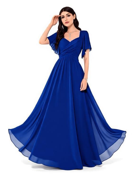 Square Neck Flutter Sleeve Chiffon Bridesmaid Dress - A-Line Floor Length Formal Evening Gown with Lace-Up Back for Wedding Guest & Party