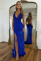 Sparkly Mermaid V Neck Gold Sequins Long Prom Dress Open Back Sweep/Brush Evening Dresses With Slit