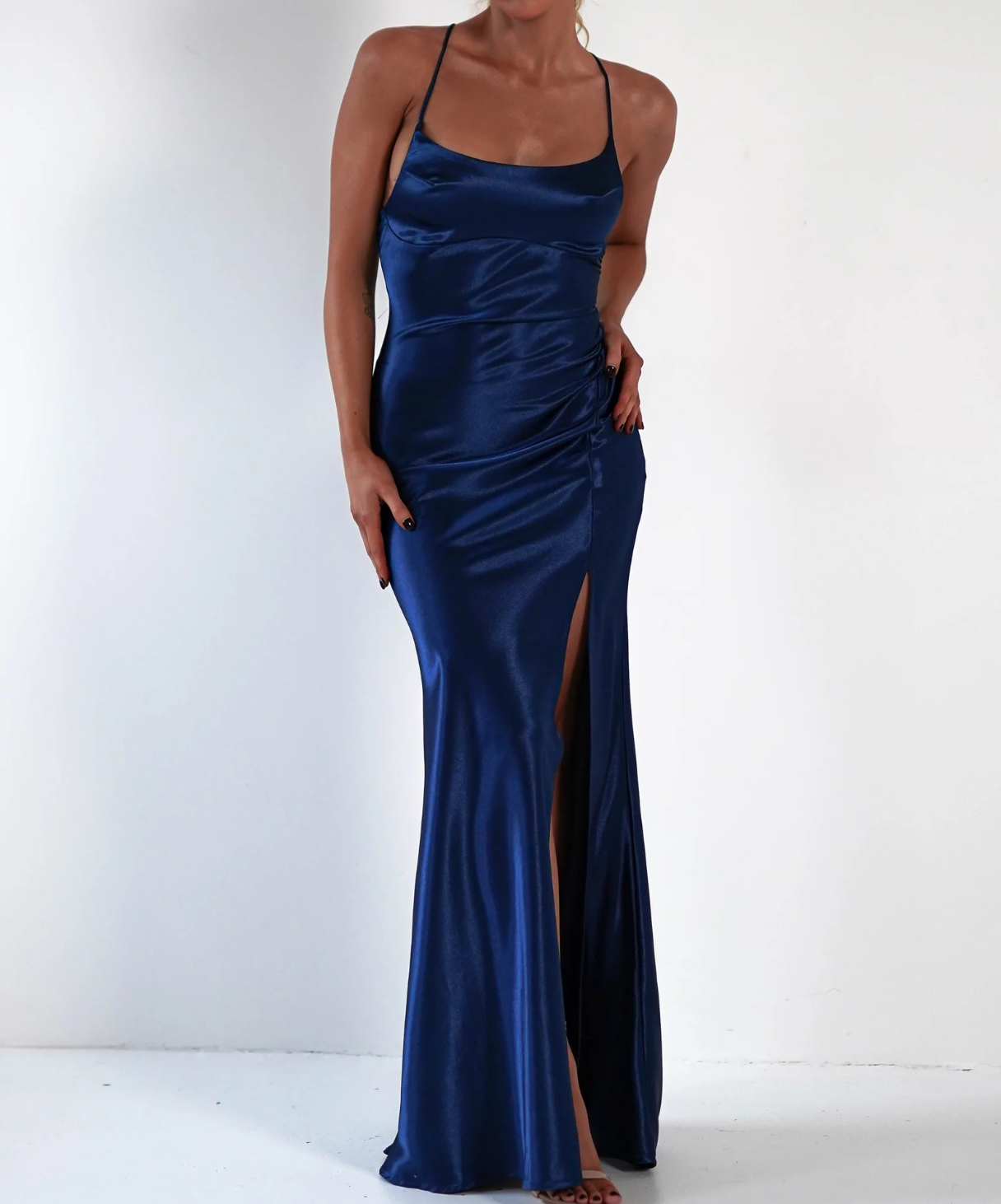 Elegant Soft Satin Slit Maxi Dress with Spaghetti Straps Party Wedding Guest Dresses With Mermaid Square Neck