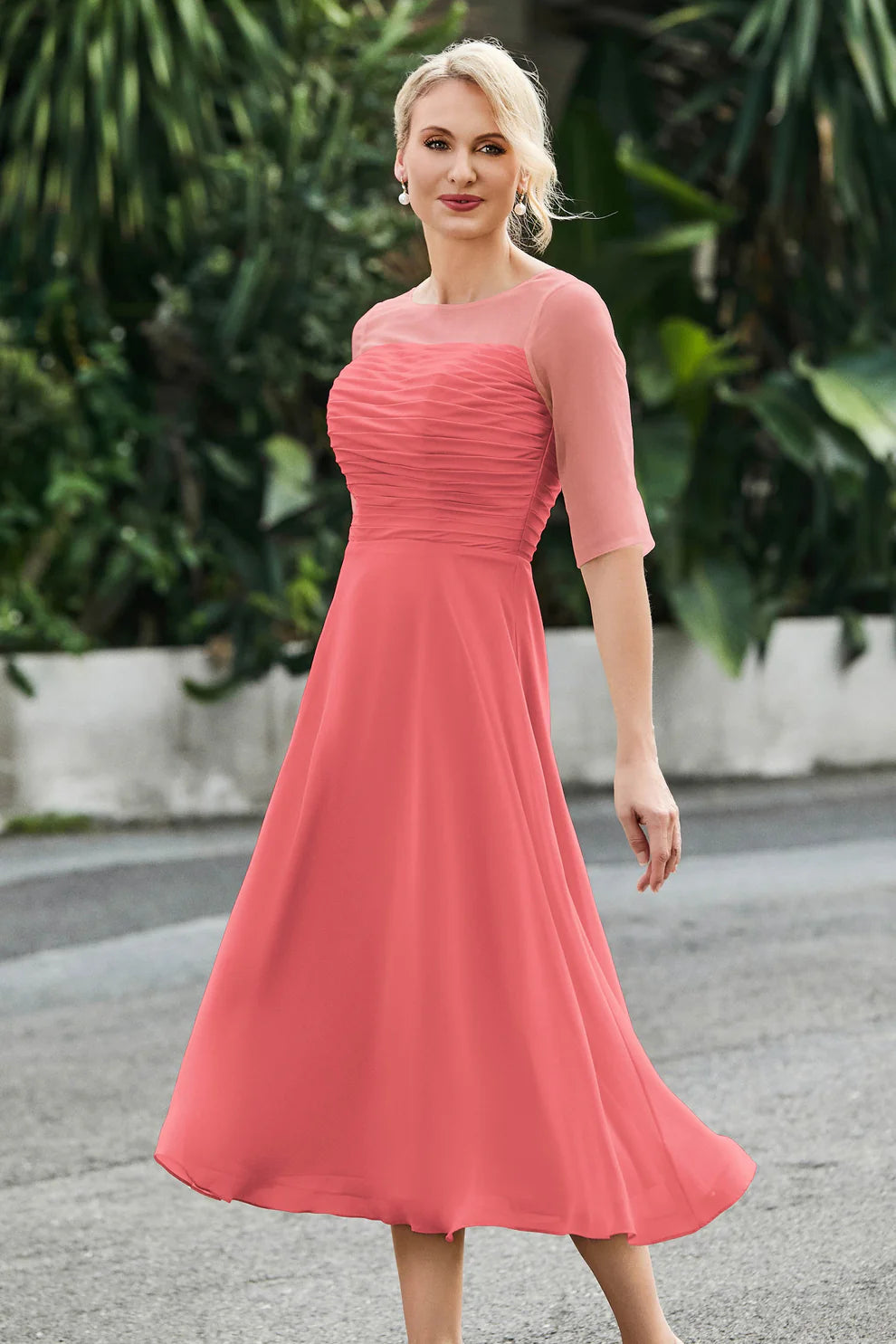 Ruched A-Line Illusion Neck Chiffon Midi Dress with Sheer Sleeves