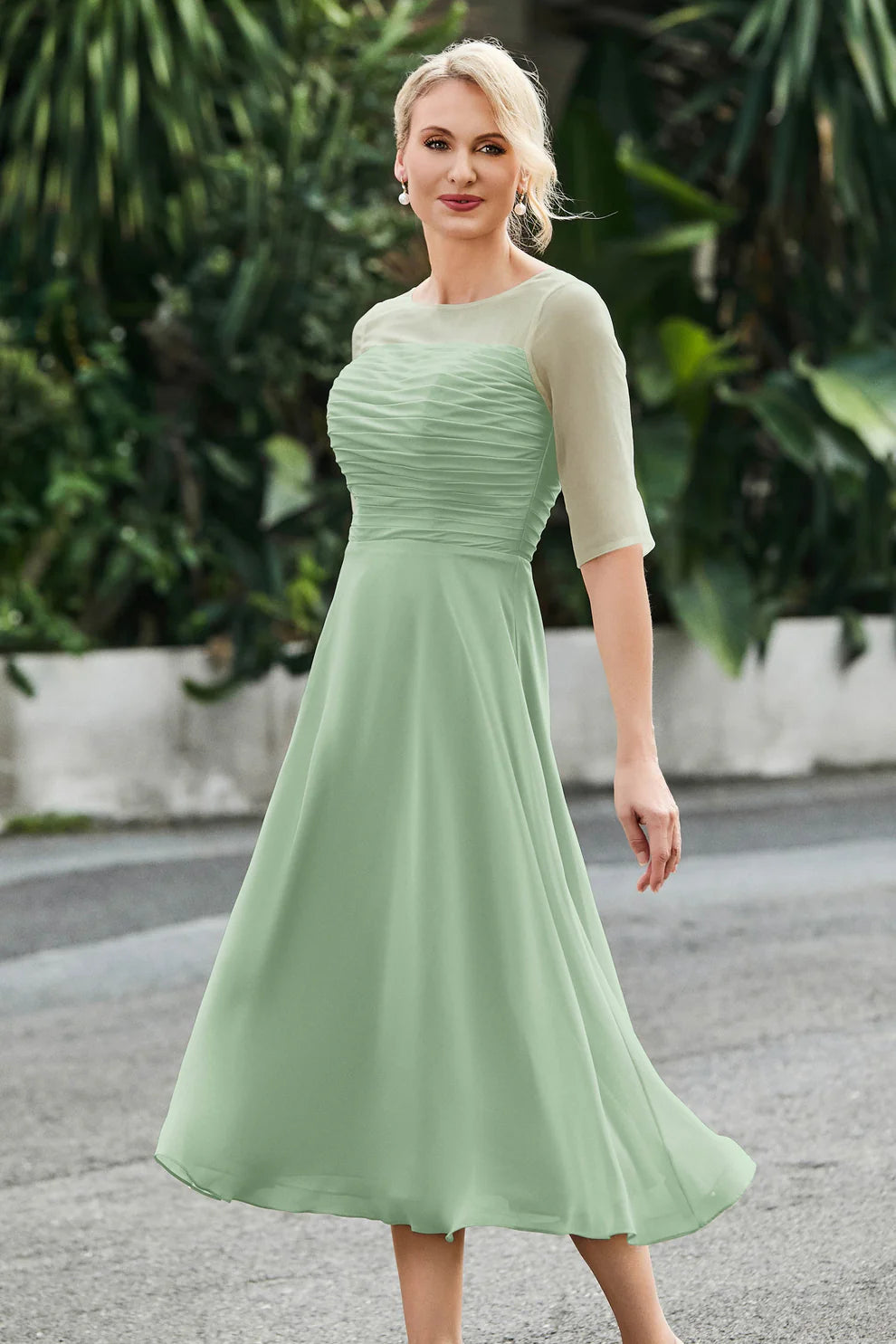 Ruched A-Line Illusion Neck Chiffon Midi Dress with Sheer Sleeves