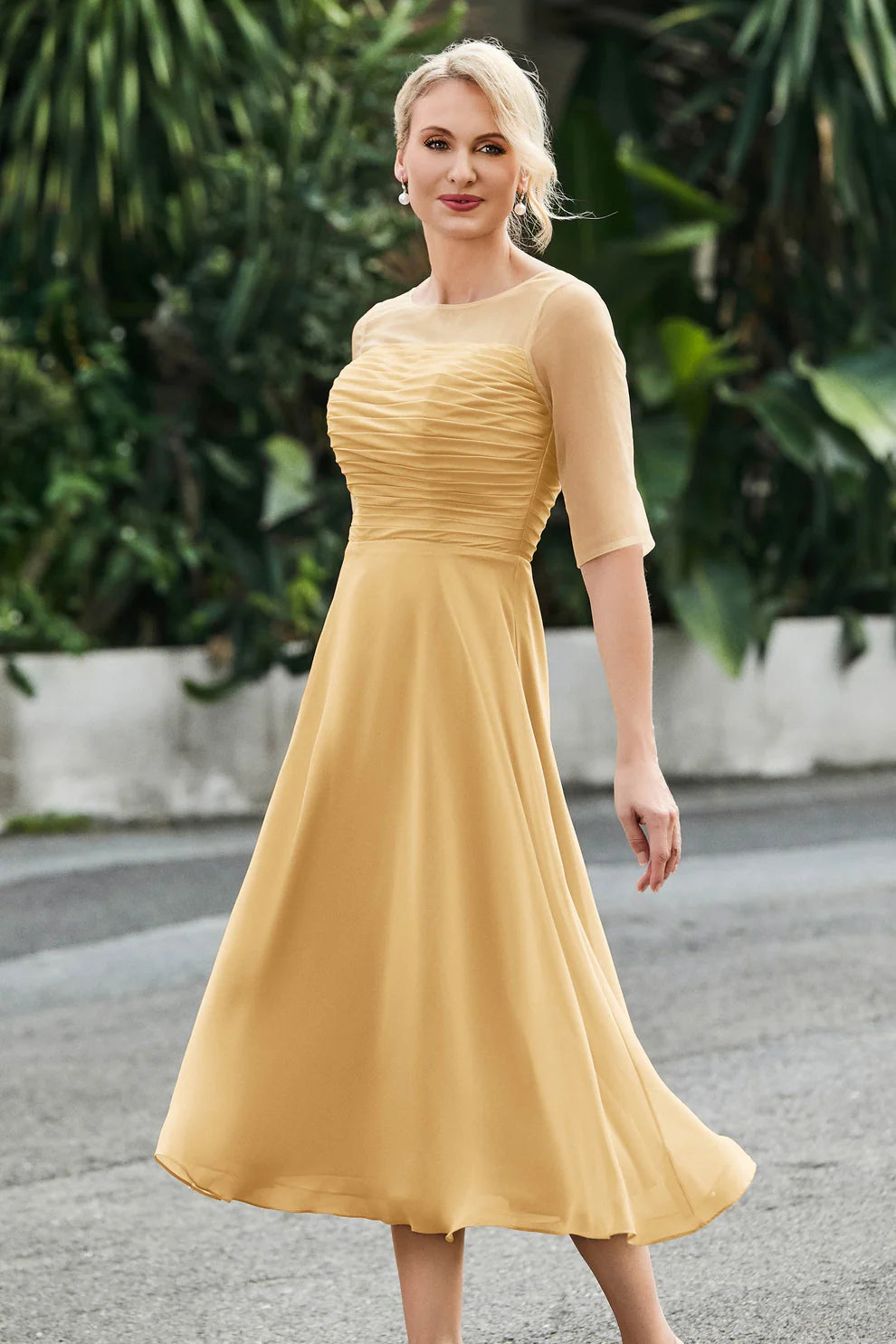 Ruched A-Line Illusion Neck Chiffon Midi Dress with Sheer Sleeves