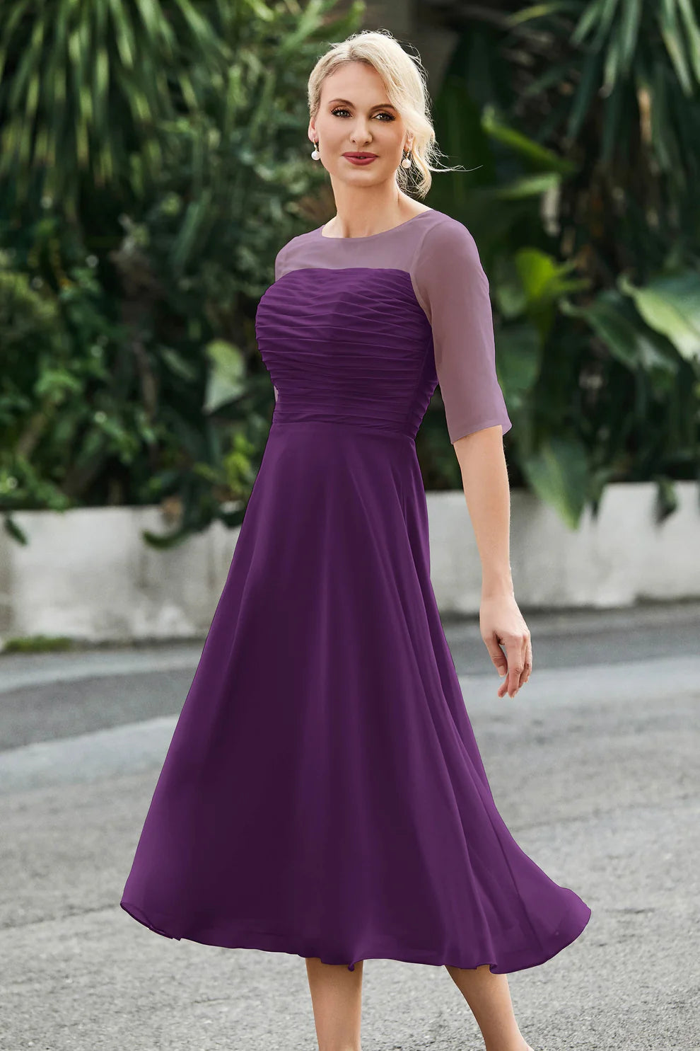 Ruched A-Line Illusion Neck Chiffon Midi Dress with Sheer Sleeves