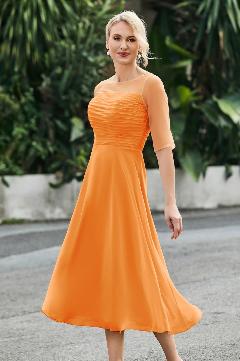 Ruched A-Line Illusion Neck Chiffon Midi Dress with Sheer Sleeves