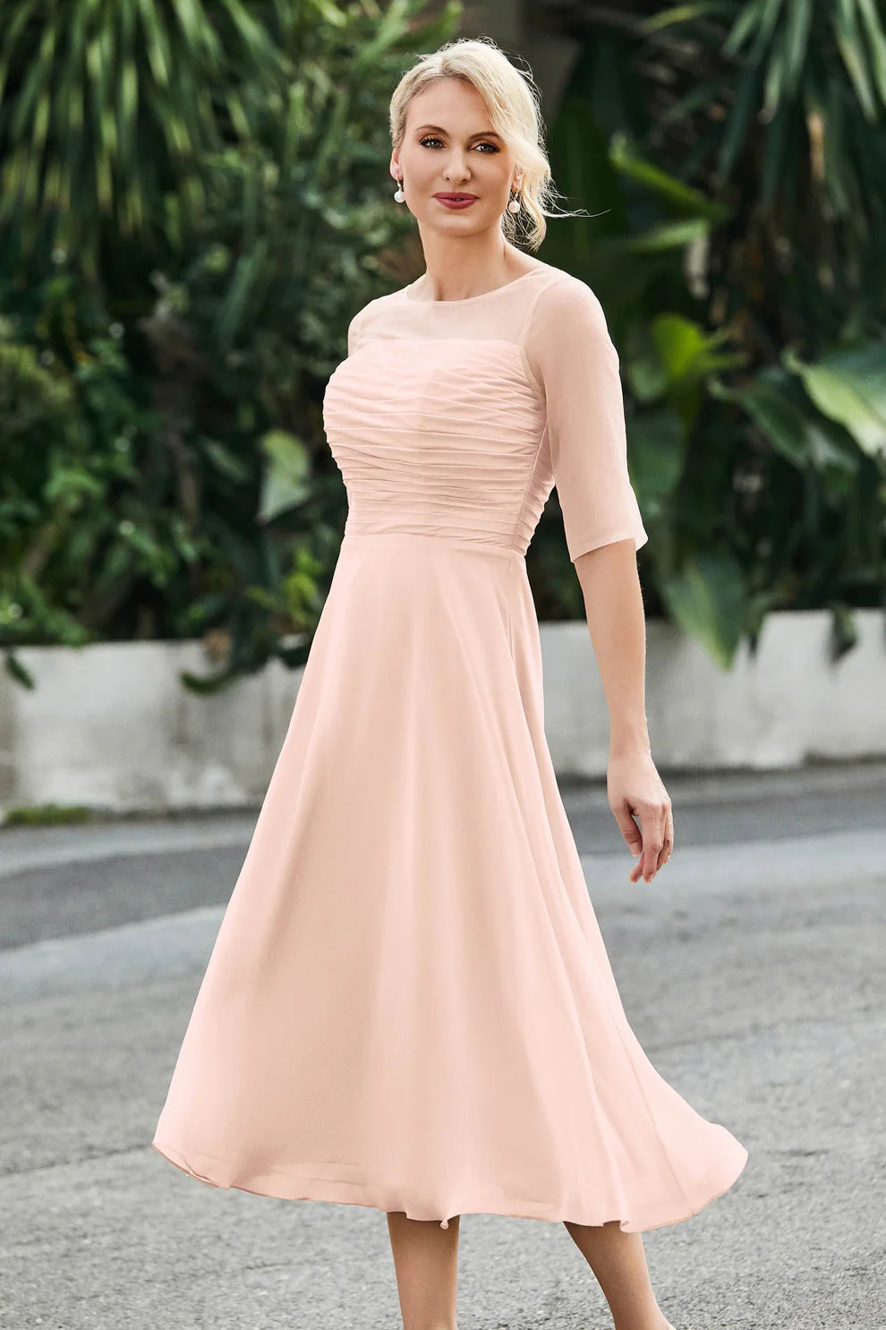Ruched A-Line Illusion Neck Chiffon Midi Dress with Sheer Sleeves