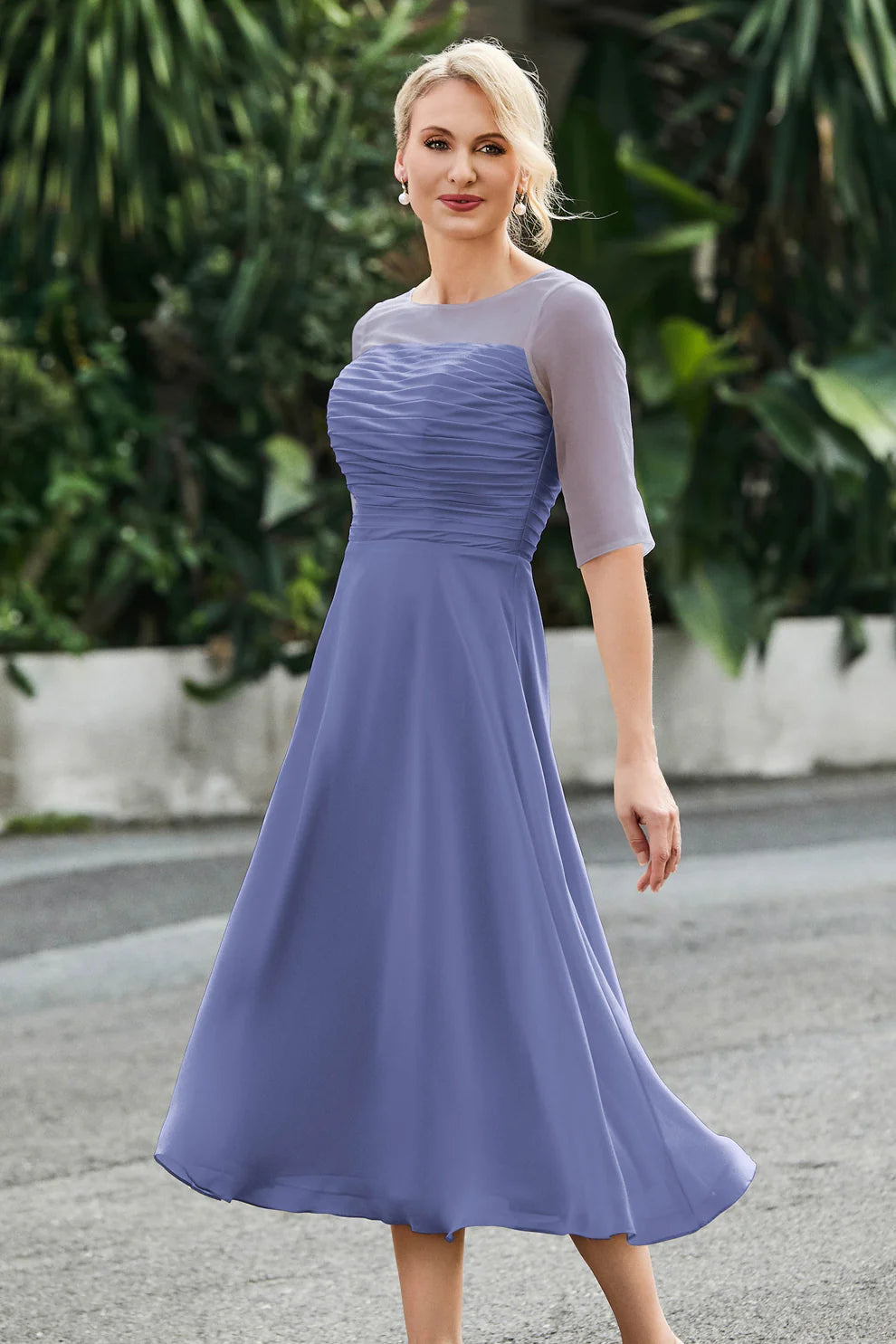Ruched A-Line Illusion Neck Chiffon Midi Dress with Sheer Sleeves