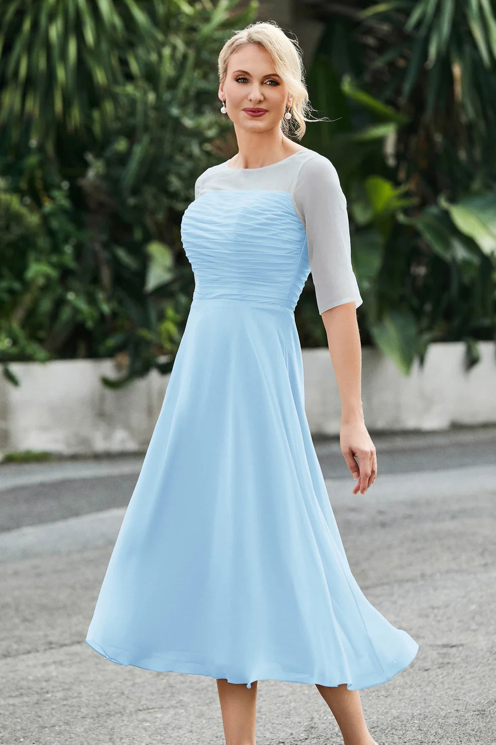Ruched A-Line Illusion Neck Chiffon Midi Dress with Sheer Sleeves