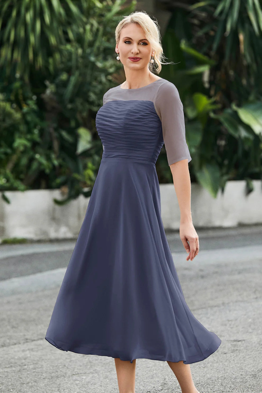 Ruched A-Line Illusion Neck Chiffon Midi Dress with Sheer Sleeves