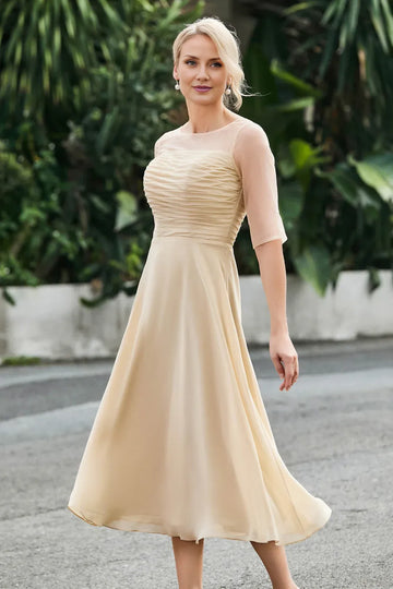 Ruched A-Line Illusion Neck Chiffon Midi Dress with Sheer Sleeves