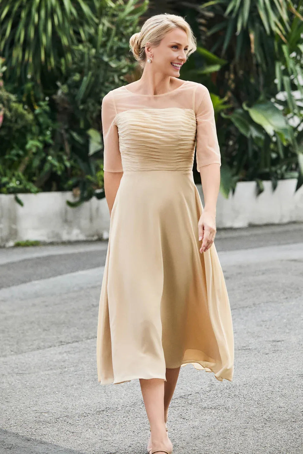 Ruched A-Line Illusion Neck Chiffon Midi Dress with Sheer Sleeves
