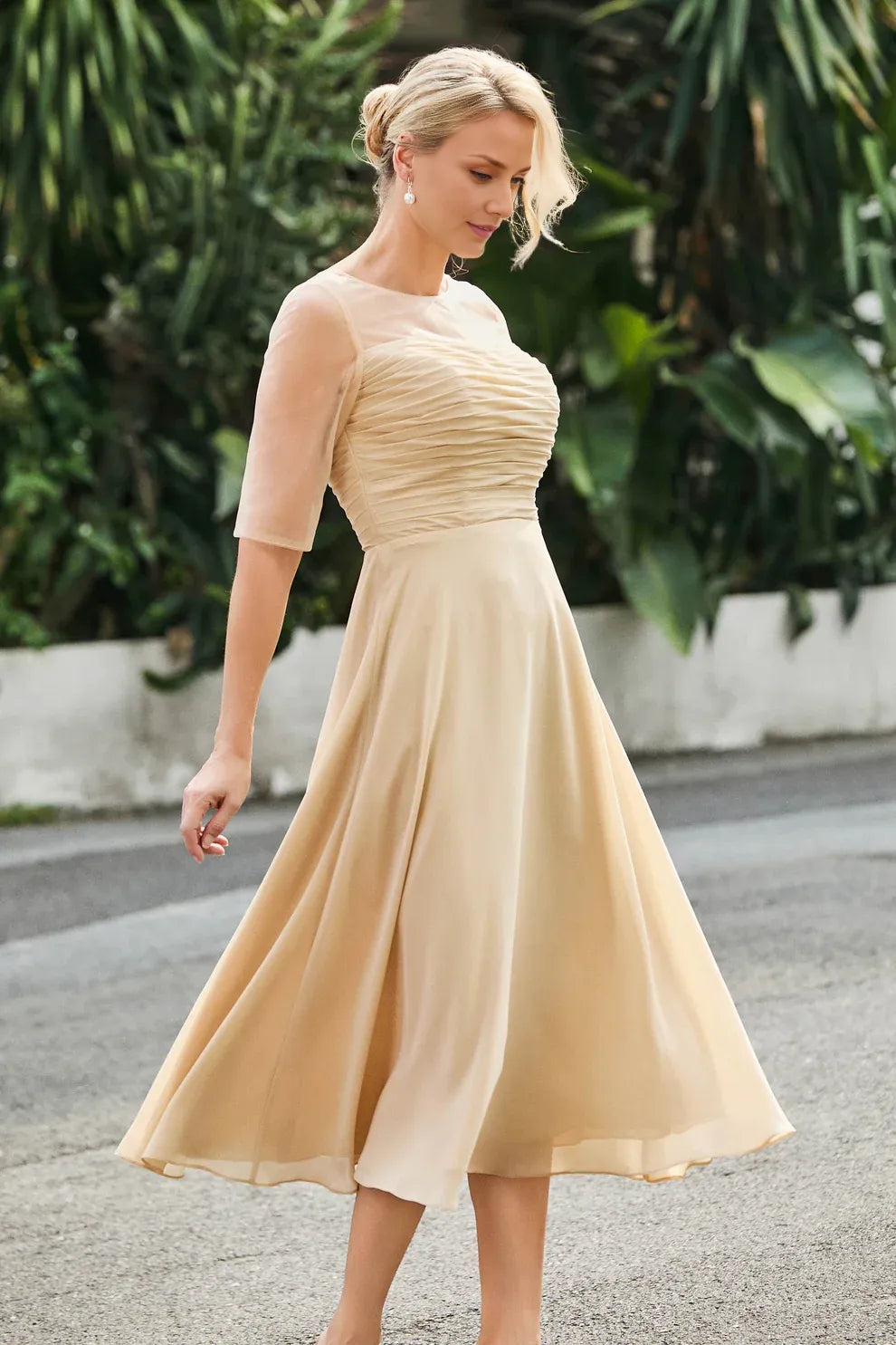 Ruched A-Line Illusion Neck Chiffon Midi Dress with Sheer Sleeves