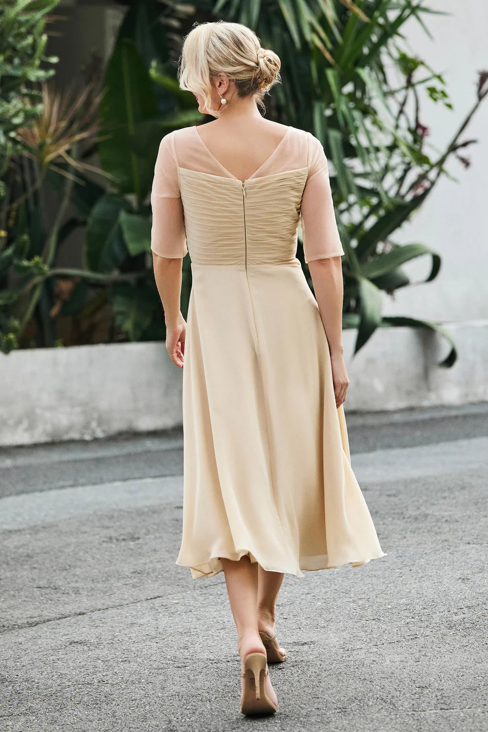 Ruched A-Line Illusion Neck Chiffon Midi Dress with Sheer Sleeves