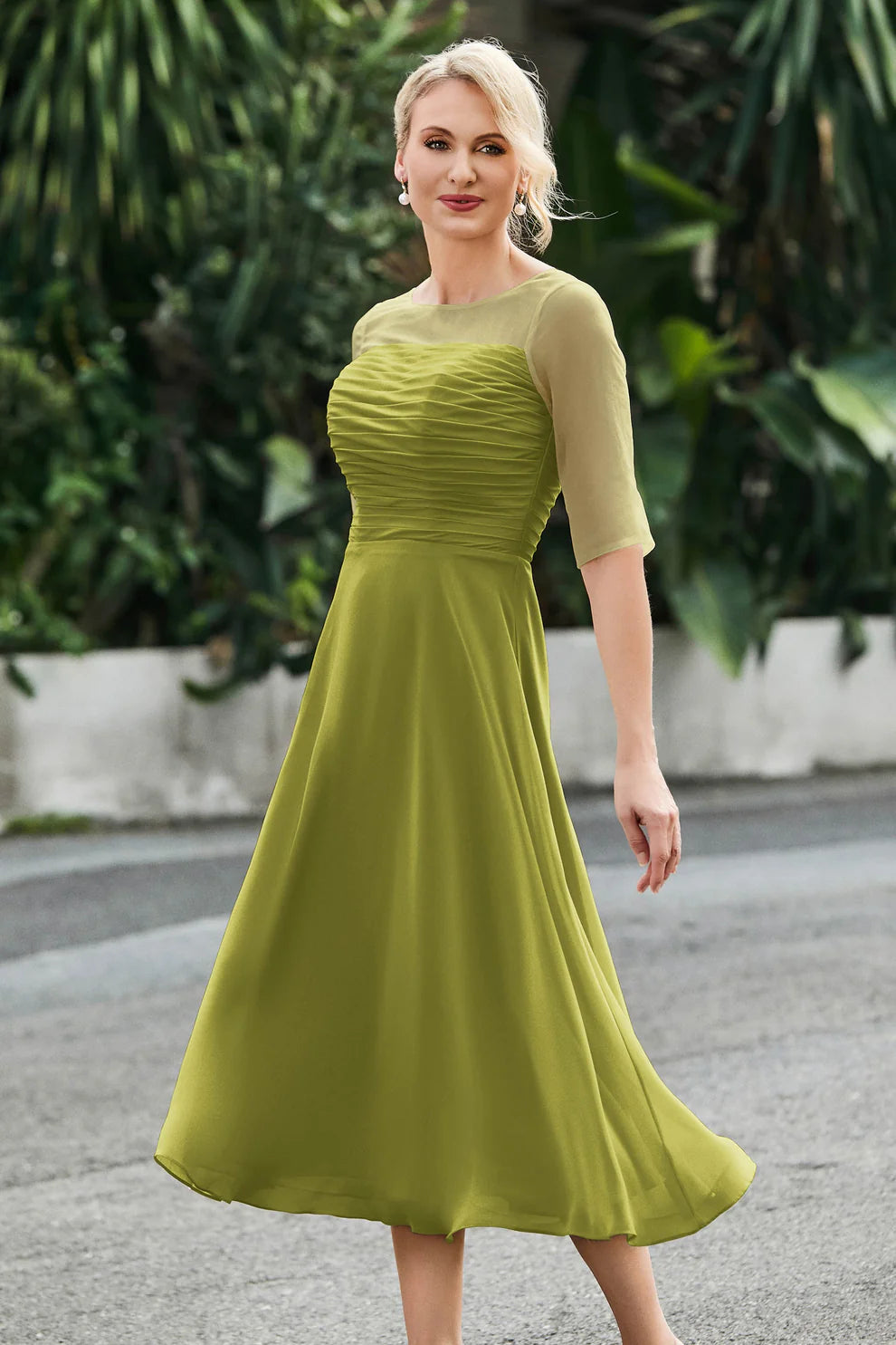 Ruched A-Line Illusion Neck Chiffon Midi Dress with Sheer Sleeves