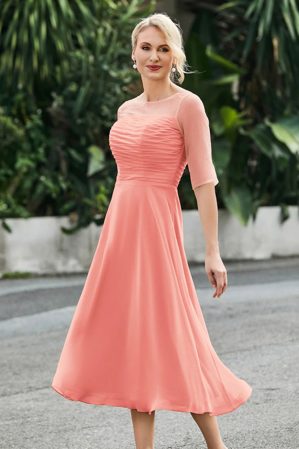 Ruched A-Line Illusion Neck Chiffon Midi Dress with Sheer Sleeves