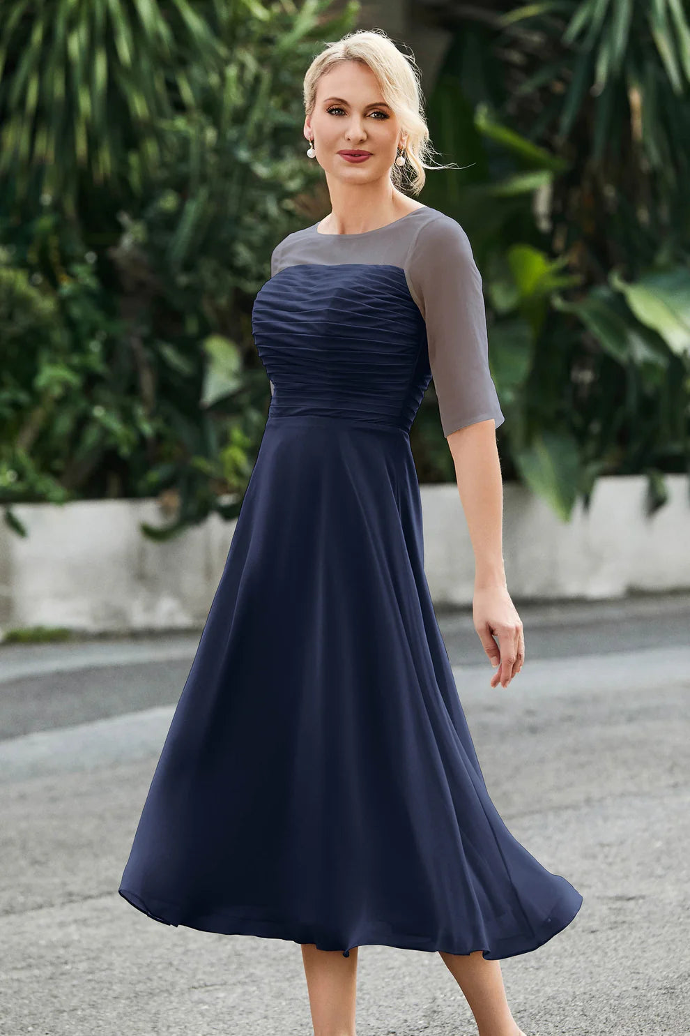 Ruched A-Line Illusion Neck Chiffon Midi Dress with Sheer Sleeves