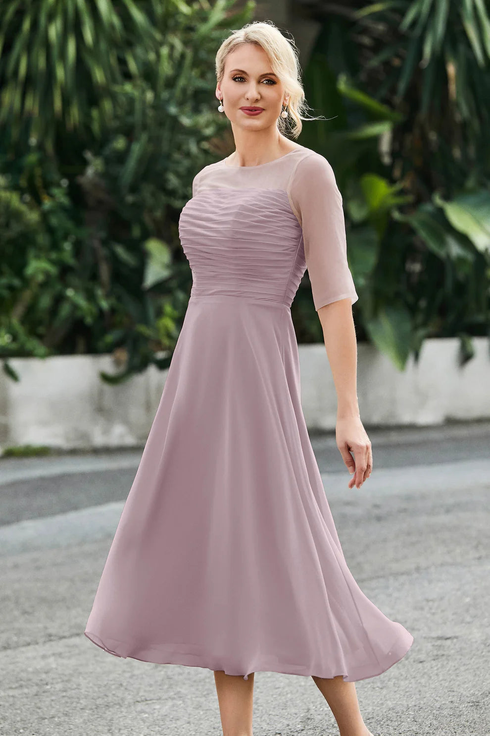 Ruched A-Line Illusion Neck Chiffon Midi Dress with Sheer Sleeves