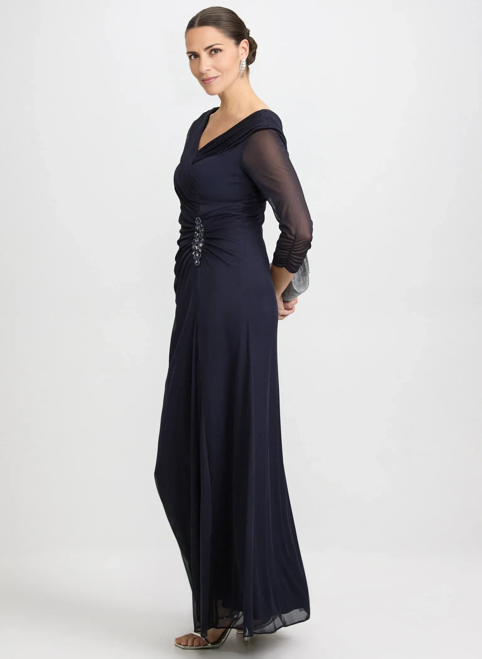 Ruched A-Line V-Neck Mesh Mother of the Bride Dress Floor-Length Gown with Beaded Detail