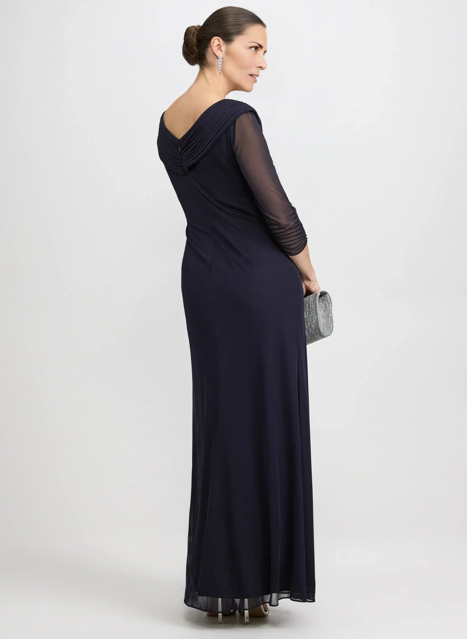 Ruched A-Line V-Neck Mesh Mother of the Bride Dress Floor-Length Gown with Beaded Detail