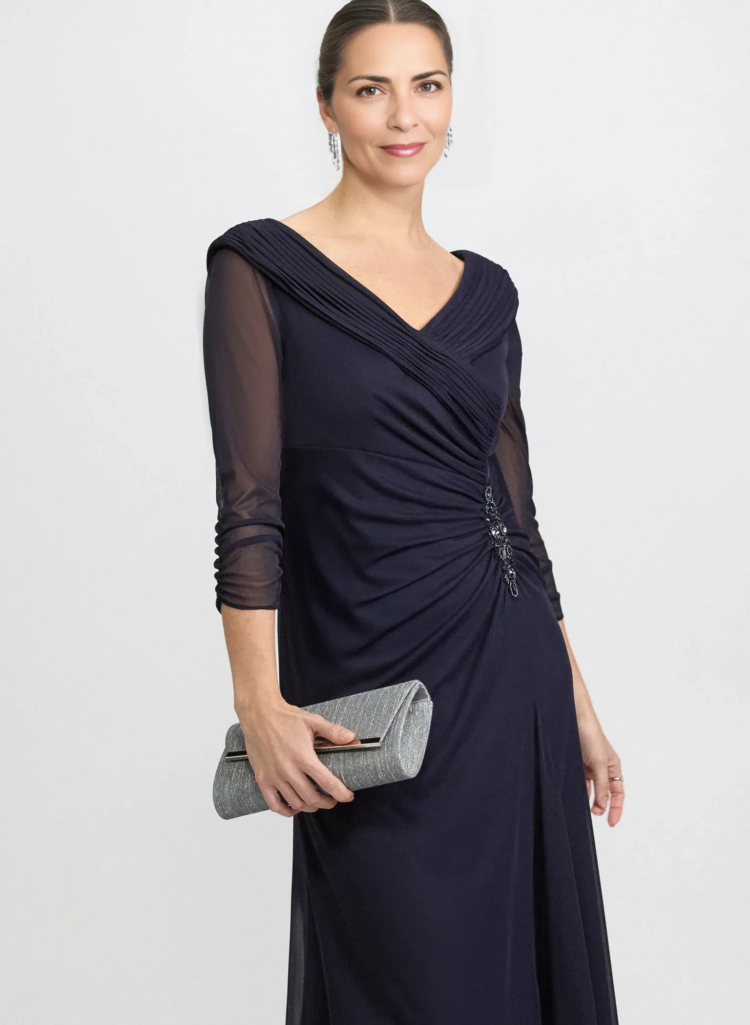 Ruched A-Line V-Neck Mesh Mother of the Bride Dress Floor-Length Gown with Beaded Detail