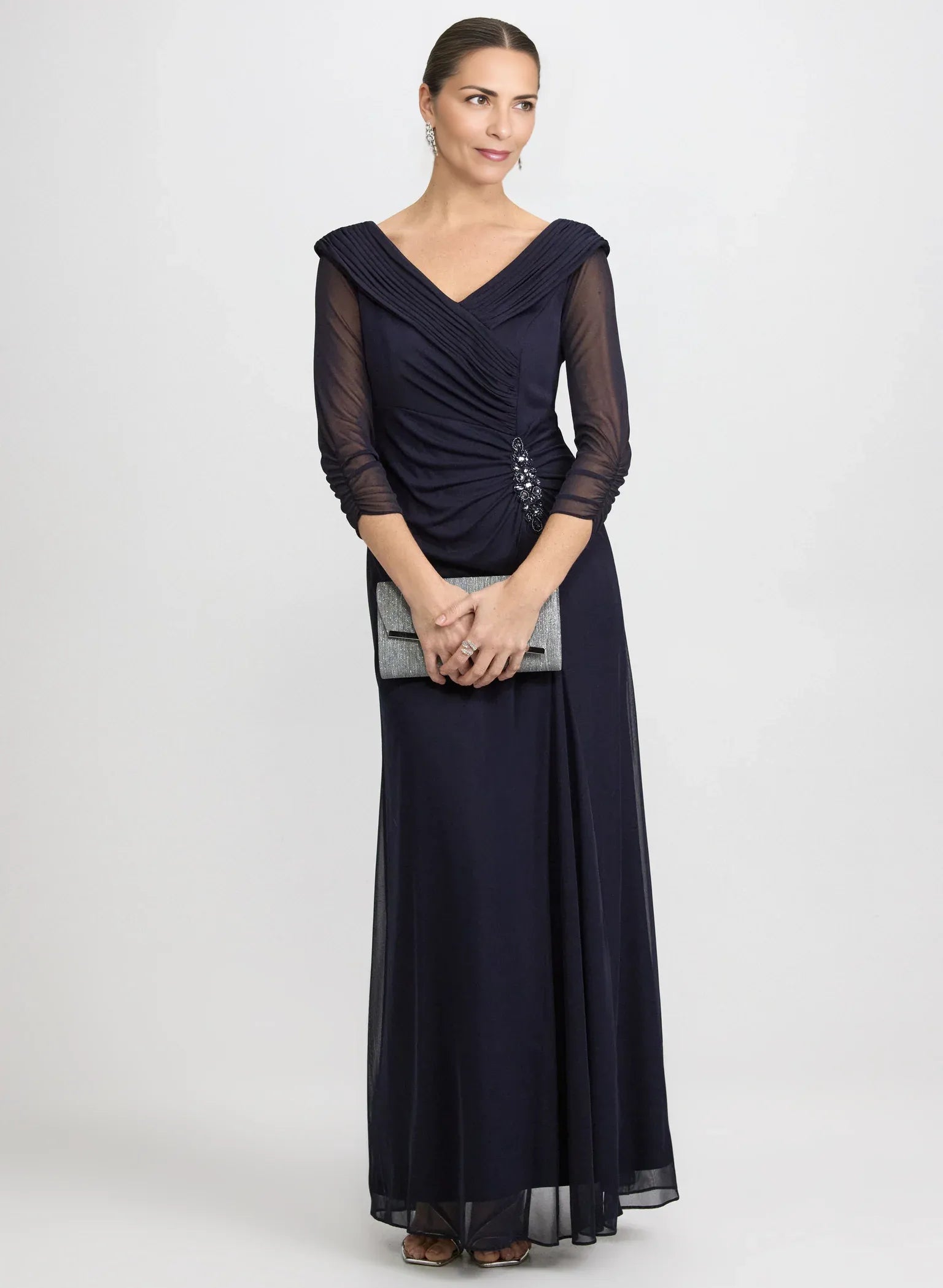 Ruched A-Line V-Neck Mesh Mother of the Bride Dress Floor-Length Gown with Beaded Detail