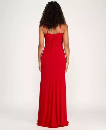 Ruched Mermaid Cowl-Neck Jersey Floor Ruffle-Slit Evening Gown