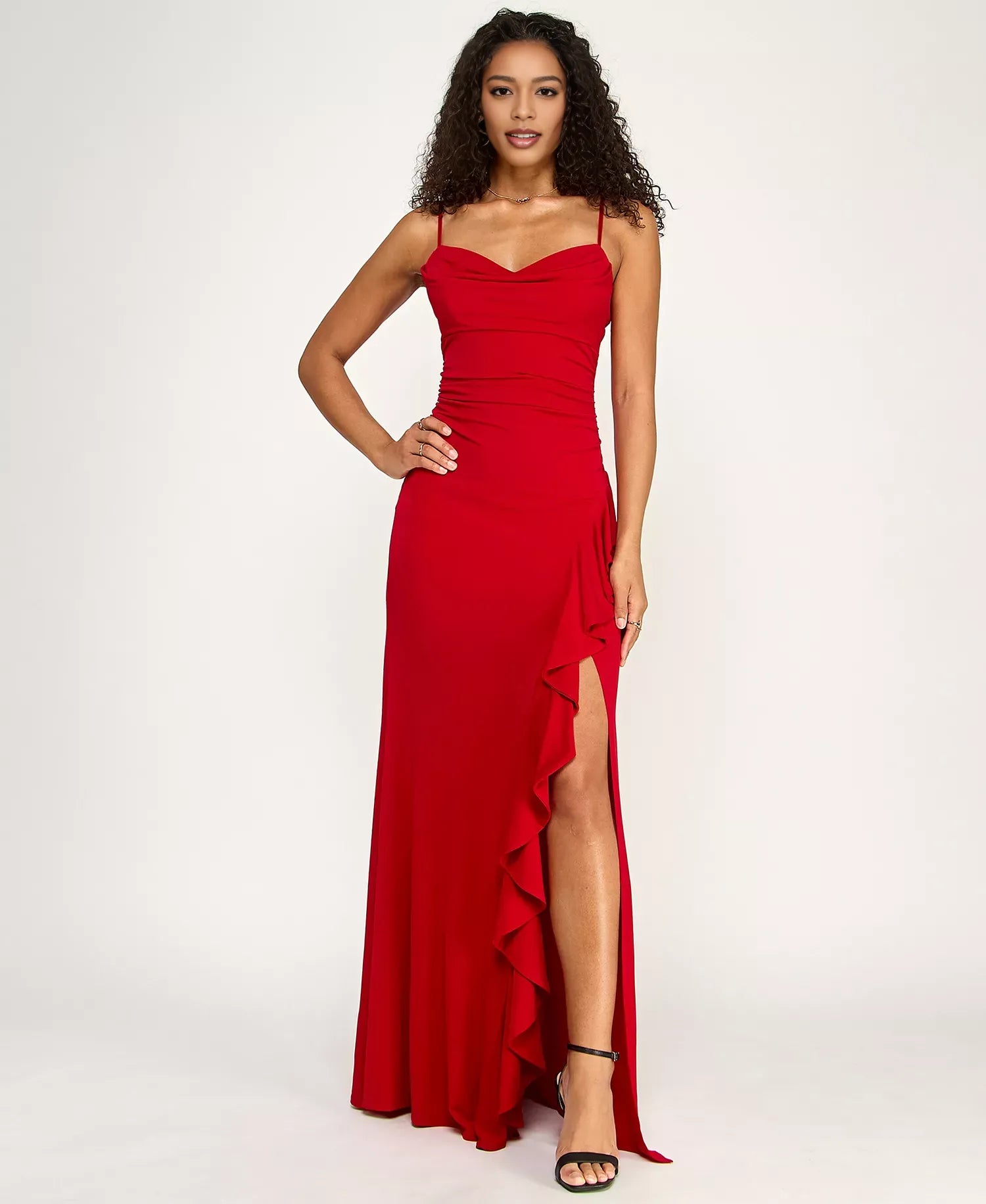 Ruched Mermaid Cowl-Neck Jersey Floor Ruffle-Slit Evening Gown