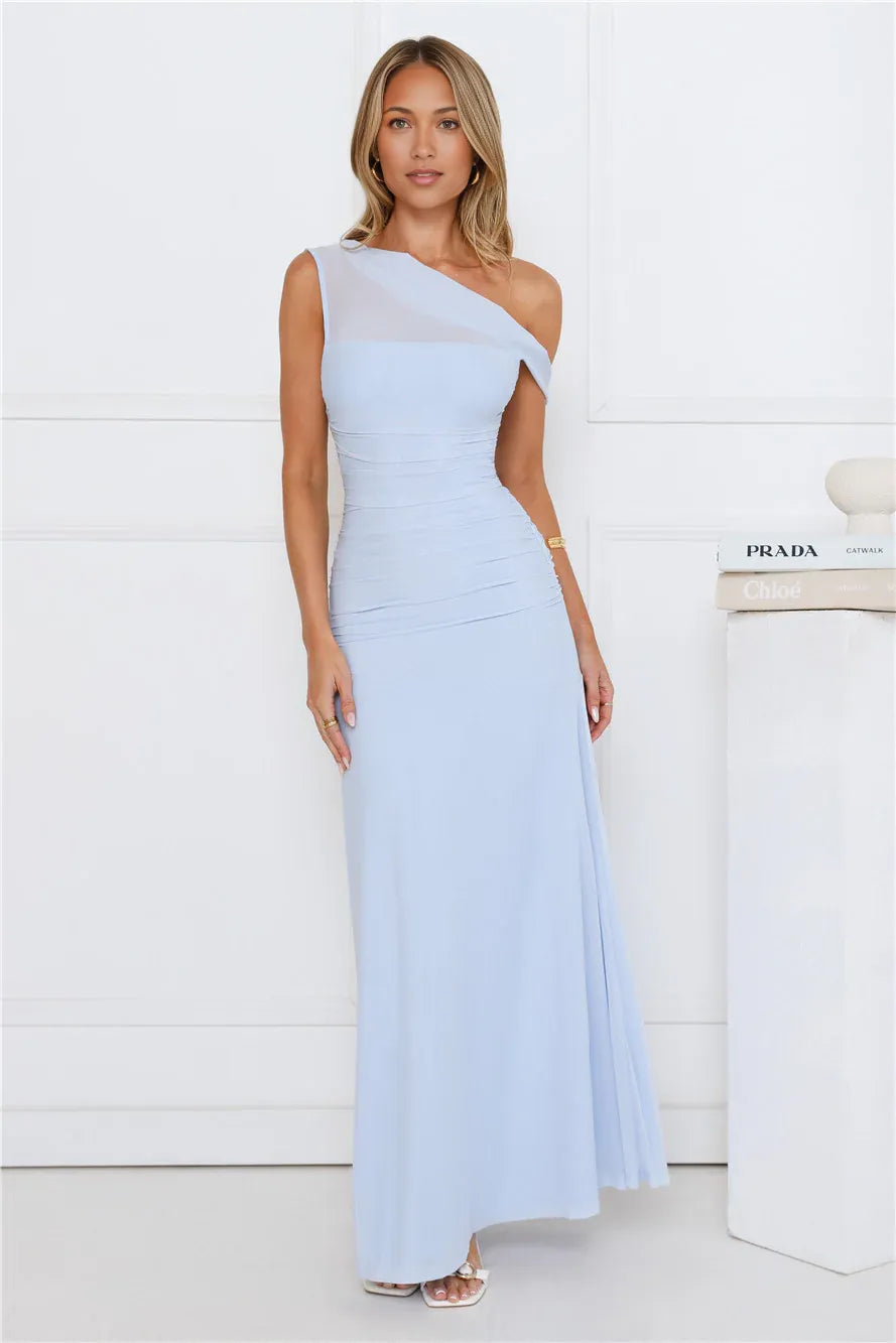 Ruched Mesh Asymmetric Neckline One Shoulder Maxi Wedding Guest Dress