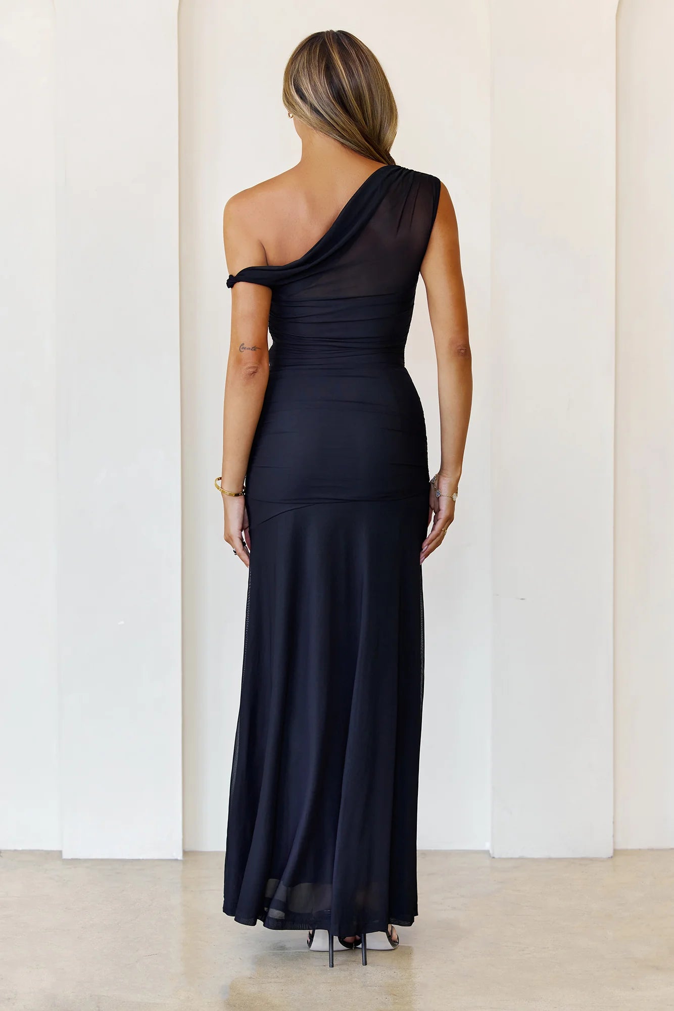 Ruched Mesh Asymmetric Neckline One Shoulder Maxi Wedding Guest Dress