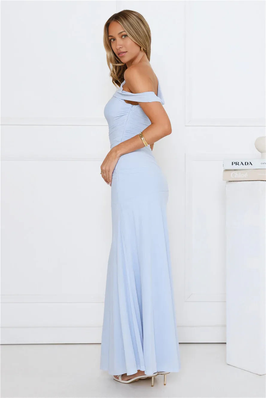 Ruched Mesh Asymmetric Neckline One Shoulder Maxi Wedding Guest Dress